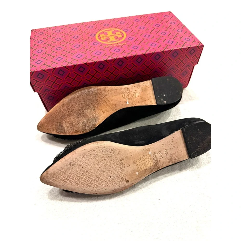 Tory Burch Vanessa Flat Soho Lux Suede Black Crystal Bow Pointed Toe Shoes 8.5